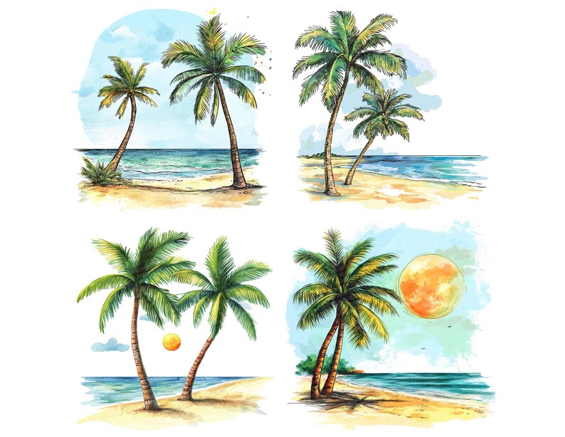 12x Palm Tree Beach PNG Clipart, Watercolor Ocean Clip Art Set ...