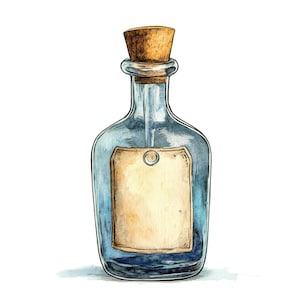 May include: A blue glass bottle with a cork stopper and a blank label. The bottle has a vintage look and is perfect for storing essential oils, perfumes, or other liquids.
