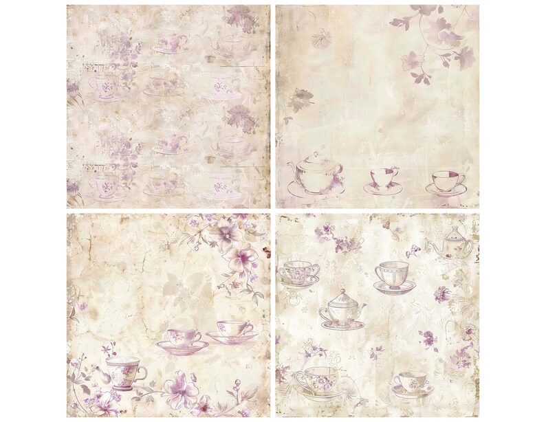 12x Vintage Tea Set Junk Journal Paper, Floral Digital Paper Pack ...