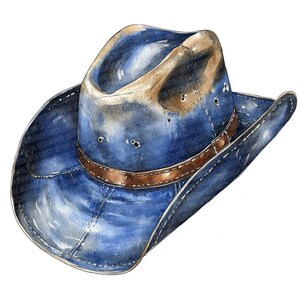 May include: A blue denim cowboy hat with a brown leather band. The hat has a worn and distressed look, giving it a vintage feel.
