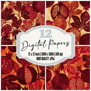 Op de afbeelding: Een digitale papierenset met vier patronen van granaatappels en bladeren in rood, oranje en goud. De tekst in het midden luidt "12 Digital Papers" en geeft de grootte aan als 30,48 x 30,48 cm.