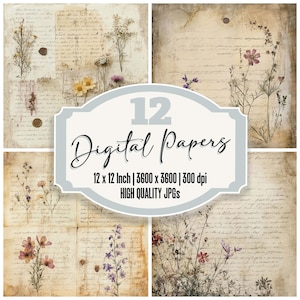 12x Pressed Blooms Letters Junk Journal Paper, Vintage Floral Digital Paper Pack, Aged Handwritten Backgrounds, Printable Scrapbook Paper