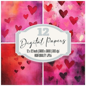12x Bright Painted Hearts Junk Journal Paper Mixed Media Digital Paper Pack High Quality JPGs Colorful Backgrounds Scrapbook Paper Download