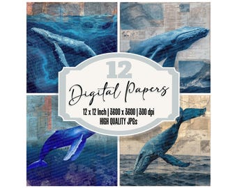 12x Whale Junk Journal Paper Deep Ocean Map Digital Paper Pack High Quality JPGs Nautical Texture Scrapbook Paper Digital Download