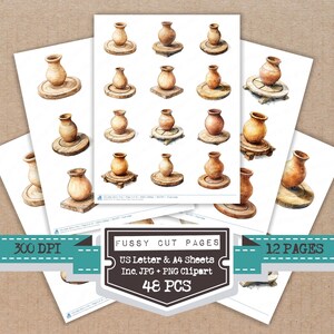 May include: Watercolor illustrations of pottery on various wooden stands are arranged on white paper. The image includes the text "FUSSY CUT PAGES", "US Letter & A4 Sheets", "Inc. JPG + PNG Clipart", and "48 PCS".