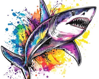 Shark PNG Clip Art, 12x Watercolor Splatter Shark Clipart PNG Set, Printable Ocean Animal Clip Art, Paper Crafts, PNG Digital Download