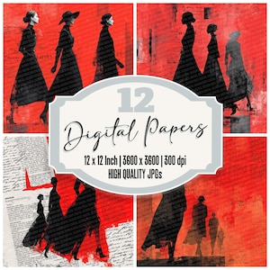 May include: A collage of digital papers featuring black silhouettes of figures in long dresses and coats against a red and white background. The text "12 Digital Papers" is displayed in a decorative frame, with size and quality details.