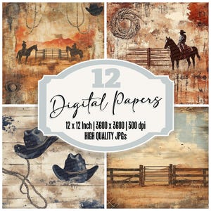 12x Rodeo Hat Rope Junk Journal Paper Western Cowboy Design High Quality JPGs Vintage Backgrounds Digital Download