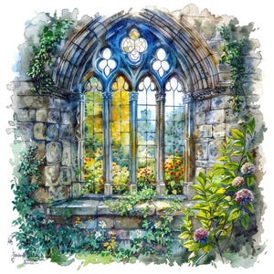 Imágenes prediseñadas de ventanas de iglesias góticas, conjunto de 12 imágenes prediseñadas de catedrales inglesas, imágenes prediseñadas de acuarela imprimibles, descarga digital, PNG transparente, cuadernos