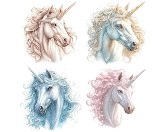 Unicorn Clip Art, 12x Fantasy Unicorn Clipart Set, Watercolor Mythical Animal Art, Digital Download, Scrapbook Images, Junk Journal
