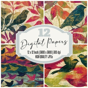 12x Torn Paper Finches Junk Journal Paper Fuchsia Lime Digital Paper Pack Bird Backgrounds Scrapbook Paper Ephemera JPGs Digital Download