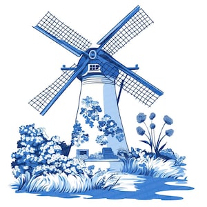 Puede incluir: Un molino de viento azul y blanco con un dise&ntilde;o floral se encuentra en un campo de flores azules y blancas. El molino de viento tiene un dise&ntilde;o holand&eacute;s tradicional con una base grande y redonda y una torre alta y delgada. Las flores est&aacute;n dispuestas en un grupo alrededor de la base del molino de viento.