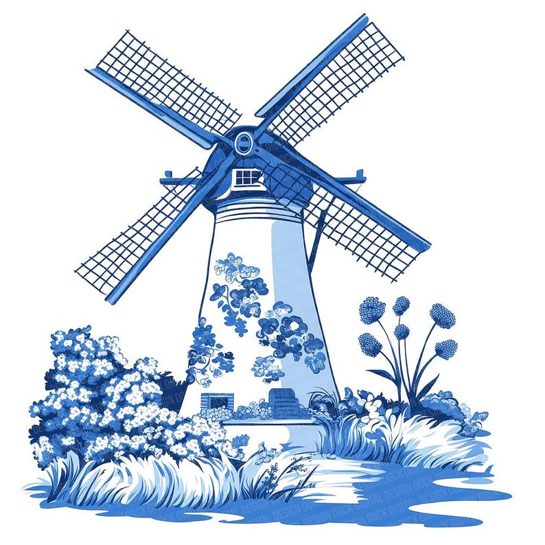 Puede incluir: Un molino de viento azul y blanco con un dise&ntilde;o floral se encuentra en un campo de flores azules y blancas. El molino de viento tiene un dise&ntilde;o holand&eacute;s tradicional con una base grande y redonda y una torre alta y delgada. Las flores est&aacute;n dispuestas en un grupo alrededor de la base del molino de viento.