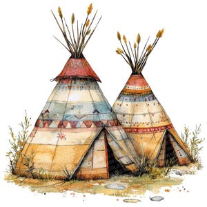 Puede incluir: Ilustración en acuarela de dos tipis con patrones coloridos y acentos de hierba alta. Los tipis tienen una paleta de colores cálidos con tonos rojos, naranjas y beige. La imagen tiene una estética rústica y bohemia.