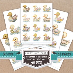 Op de afbeelding: Waterverfillustraties van eenden in verschillende patronen en kleuren, gerangschikt op witte papieren vellen. De afbeelding bevat de tekst "Fussy Cut Pages", "US Letter & A4 Sheets", "Inc. JPG + PNG Clipart" en "48 PCS". De afbeelding bevat ook de tekst "300 DPI" en "12 PAGES".