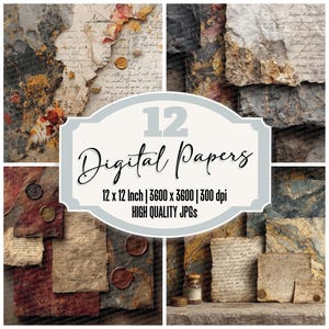 Puede incluir: Una colección de 12 papeles digitales con estética vintage. Los papeles presentan texturas de piedra envejecida, pergamino y acentos florales. La imagen incluye el texto "12 Digital Papers" y detalles sobre el tamaño y la resolución.