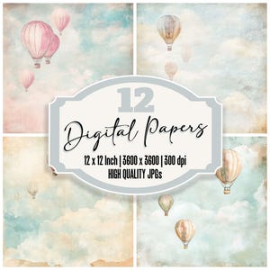 12x Vintage Hot Air Balloon Junk Journal Paper, Soft Pastel Digital Paper Pack, Sfondi cielo sognante, JPG di alta qualità, Carta per scrapbooking