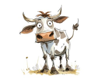 Funny Cow Clipart, 12x Cartoon Cow Illustration Set, Printable Watercolor Art, Transparent Background, Digital Download, Farm Animal Art