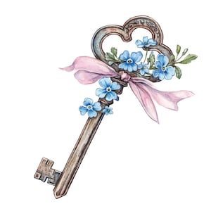 12 imágenes prediseñadas de llaves ornamentadas, conjunto de imágenes prediseñadas de llaves antiguas con flores, acuarela imprimible, imágenes prediseñadas de diario basura, efímera digital