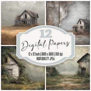 12 papeles digitales de diario de campo abandonado con paisaje brumoso, textura desgastada, archivos JPG de alta calidad, papel para álbum de recortes