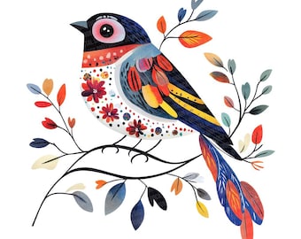 Folk Bird Clipart, 12x Colorful Birds on Floral Vine Clip Art Set, Printable Clip Art, Digital Download, High-Quality PNG/JPG