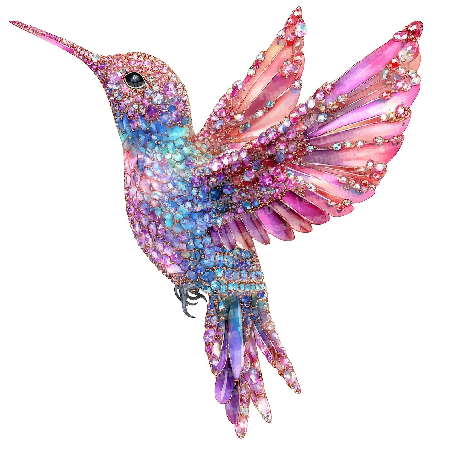 Jeweled Hummingbird Clip Art, 12x Watercolor Hummingbird With Gems ...