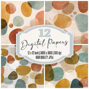 May include: A digital art print featuring 12 abstract designs with organic shapes in shades of brown, orange, and teal on a cream background. The text "12 Digital Papers" is displayed in a decorative font, along with dimensions and resolution.
