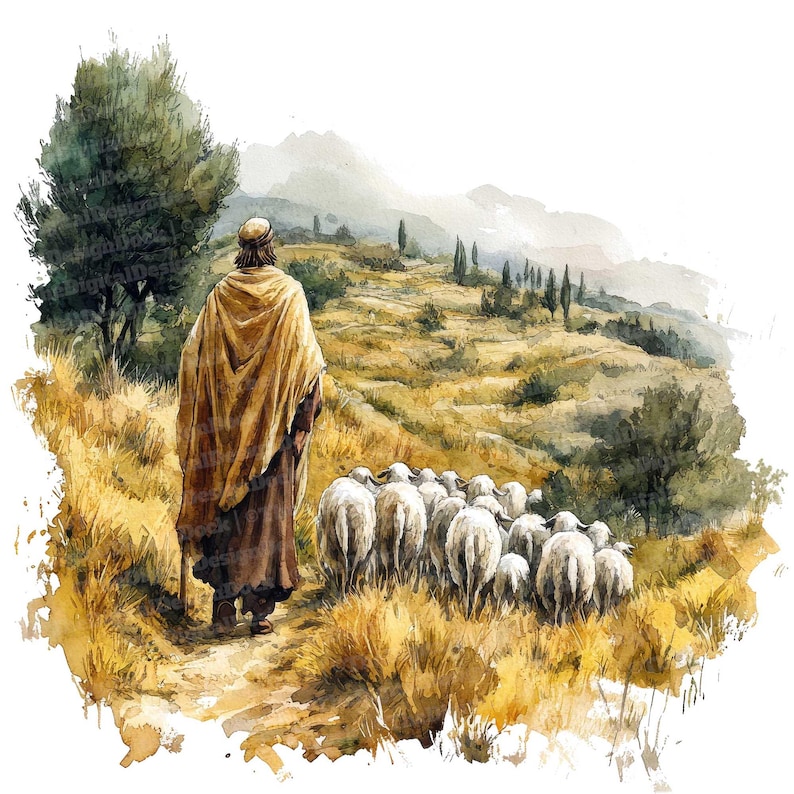 Shepherd In Robe 12 Shepherd and Sheep Watercolor Clipart, Pastoral Scene Art, Printable ...