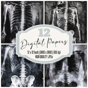 May include: A set of 12 digital papers featuring black and white x-ray images of a human skeleton. The papers are 12 inches by 12 inches and have a resolution of 3600 by 3600 pixels at 300 dpi. They are high quality JPGs.