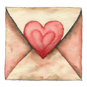 以下が含まれることがあります： 水彩画で描かれた、赤いハートが中央に描かれたビンテージの封筒。封筒は薄い茶色で、濃い茶色の縁取りがされている。ハートは鮮やかな赤で、薄い赤色の輪郭が描かれている。