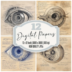 Op de afbeelding: Set van 12 digitale papieren met vintage anatomische illustraties van het menselijk oog. Elk papier is 30,48 cm bij 30,48 cm en 3600 pixels bij 3600 pixels bij 300 dpi. De papieren zijn van hoge kwaliteit JPG's.