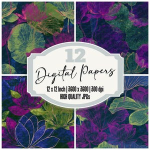 Seamless Risograph Lotus Neon Junk Journal Papperspaket 12x Magenta Gul Marinblå Blommig Digitalt Papper Utskrivbart Scrapbook Papper Decoupes