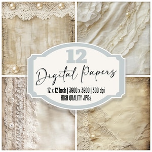 12x Shabby Lace Junk Journal Paper, Vintage Digital Paper Pack, Pearl & Button Muslin Accents, Scrapbook Backgrounds, Digital Download