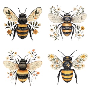 May include: Four watercolor illustrations of bees. Each bee has a black and yellow striped body, detailed wings, and is surrounded by floral elements in shades of yellow, orange, and green. The bees are set against a white background.
