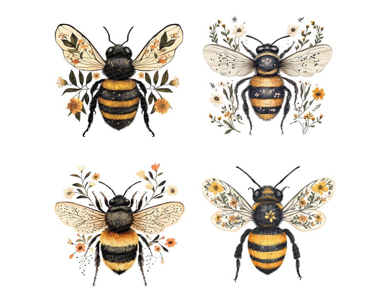 May include: Four watercolor illustrations of bees. Each bee has a black and yellow striped body, detailed wings, and is surrounded by floral elements in shades of yellow, orange, and green. The bees are set against a white background.