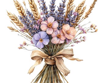 May include: A watercolor painting of a bouquet of dried flowers, including lavender, wheat, and pink and purple wildflowers. The bouquet is tied with a brown ribbon.