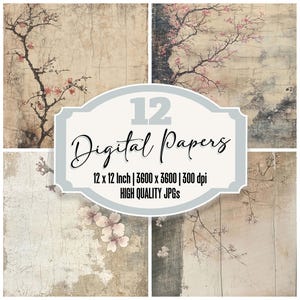 12x Vintage Japanese Digital Papers, Aged Sakura Blossom Junk Journal Paper, Distressed Washi Backgrounds, Printable Ephemera Paper Pack