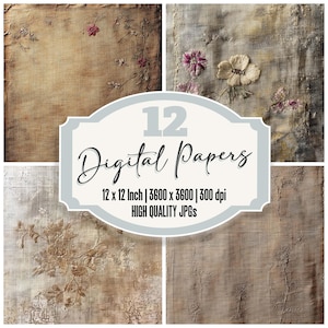 12x Faded Woven Textile Junk Journal Paper,Vintage Fabric Textures,Distressed Digital Paper Pack,Antique Embroidery Backgrounds,Quality JPGs