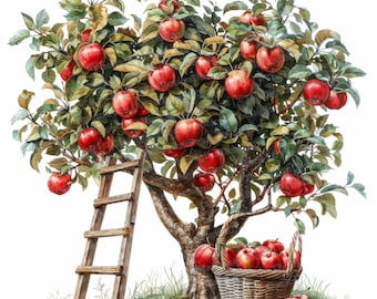 12x Apple Trees Clipart, Apple Harvest Clipart, Printable Watercolor Clipart, Wall Art, Paper Crafts, Digital Download, Junk Journals