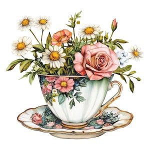 Tazza da tè floreale in formato PNG, set di 12 clipart PNG con tazza da tè vintage e fiori, clipart acquerello stampabile, download digitale PNG