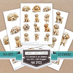 Peut inclure: Une collection de feuilles numériques présentant des illustrations style aquarelle de chiens doodle dorés dans diverses poses. Les feuilles incluent le texte FUSSY CUT PAGES, US Letter & A4 Sheets, Inc. JPG + PNG Clipart, 300 DPI, 12 PAGES, 48 PCS.
