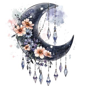 May include: A crescent moon with a watercolor wash of blue and purple, adorned with delicate pink and purple flowers and dangling crystal-like charms.
