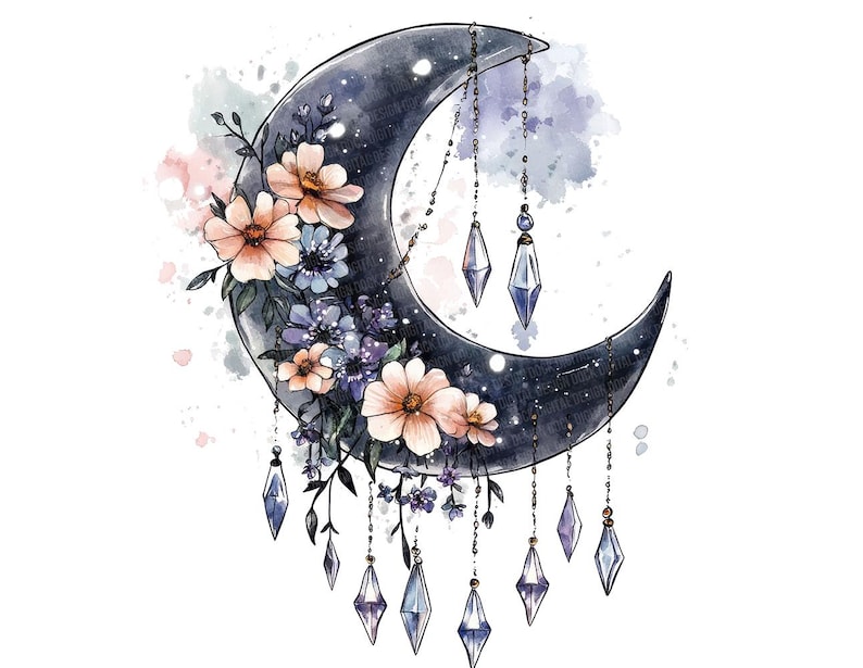 May include: A crescent moon with a watercolor wash of blue and purple, adorned with delicate pink and purple flowers and dangling crystal-like charms.
