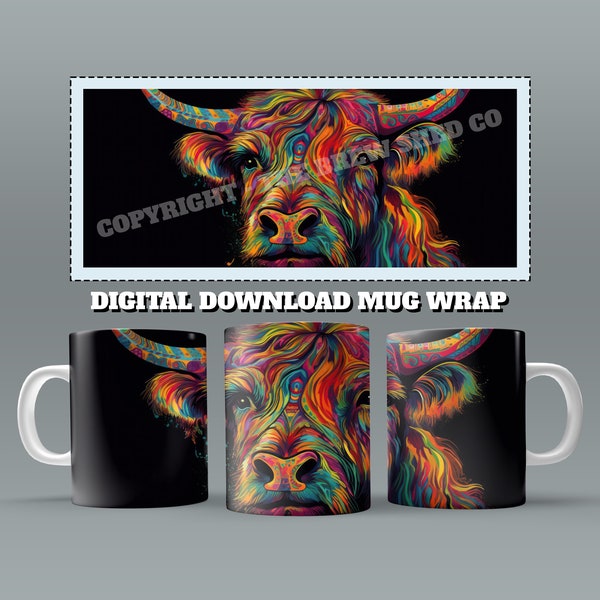 Highland Cow Mug Wrap, 11oz & 15 Oz Mug Sublimation Design, Psychedelic Design, Mug Wrap, Cow Mug Sublimation, 11oz Mug Png, 15oz Mug PNG