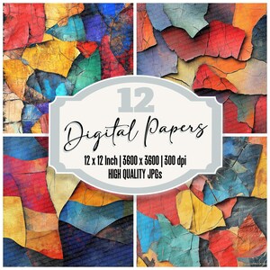 12x Carta strappata Caos Carta da giornale spazzatura Carta colorata Grunge Carta digitale Confezione JPG di alta qualità Texture astratta Sfondi per album