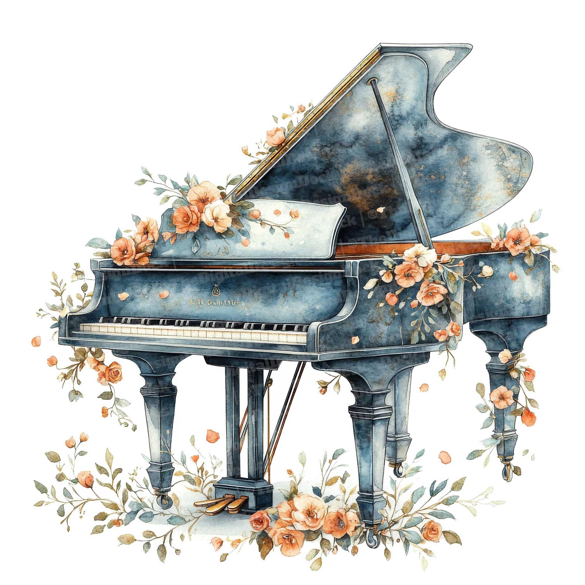 12 Floral Piano Clipart, Watercolor Grand Piano, Printable