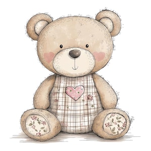 Pode incluir: Ilustração em aquarela de um urso de pelúcia com barriga estampada xadrez e detalhes florais nas patas. O urso tem um coração rosa no peito e bochechas rosadas, criando uma estética suave e acolhedora.