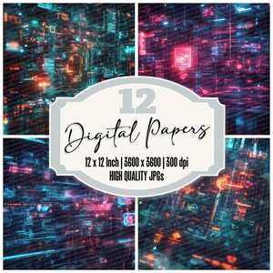 May include: Twelve digital papers featuring abstract designs with a futuristic, cyberpunk aesthetic. The designs are a mix of blue, red, and purple hues with glowing lines and shapes.