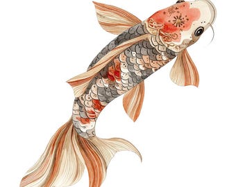 Folk Koi Fish Clip Art, 12x Top View Koi PNG Clipart Set, Watercolor Fish Clip Art, Printable Digital Download, Transparent PNG