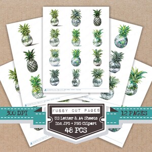 Op de afbeelding: Verschillende vellen papier met aquarel illustraties van ananassen. De ananassen hebben groene, bladachtige toppen en een getextureerd lichaam. De tekst op de afbeelding luidt "Fussy Cut Pages", "US Letter & A4 Sheets", "Inc. JPG + PNG Clipart" en "48 PCS".